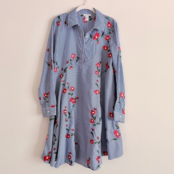 Vasna Blue Striped Embroidered Floral Shirt Dress Size Medium - Picture 1 of 9